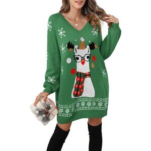 Women's Ugly Christmas V Neck Oversize Long Sleeve Loose Holiday Knit Mini Dress